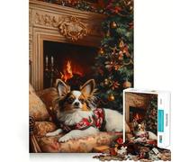 Rompecabezas para Adultos con diseño de Perro Papillon Junto a la Chimenea, 1000 Piezas, Juguete para ejercitar la Mente, Tiempo de relajación, diseño para armar, (38x26cm)