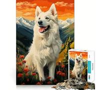 Rompecabezas para Adultos con diseño de Perro Pastor Suizo Blanco en Paisaje de montaña 1000 Piezas Juego de Memoria Corte láser para un Ajuste Perfecto aliviar el estrés (50x75cm)