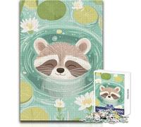 Rompecabezas para adultos con ilustración de mapache relajante en un estanque de nenúfares,1000 piezas,divertido juego de aprendizaje para entrenar el cerebro,gran regalo sorpresa único,tamaño 38x52cm
