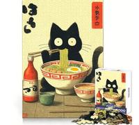 Rompecabezas para Adultos con ilustración de un Gato Negro Comiendo Ramen, 1000 Piezas, para Mejorar la Memoria, Relajarse y divertirse Corte láser Navidad (50x75cm)