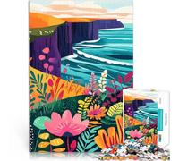 Rompecabezas para Adultos de 1000 Piezas Acantilados costeros irlandeses con Flores: Arte Minimalista Rompecabezas Mejorar la Memoria 38x26cm