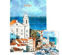 Rompecabezas para Adultos de 1000 Piezas Acuarela Lisboa Juegos relajantes para Adultos Que mejoran la Memoria cumpleaños y Navidad (tamaño 38x26cm)