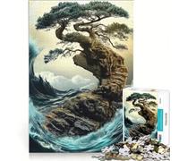 Rompecabezas para Adultos de 1000 Piezas: Árbol bonsái en un acantilado con Olas, Juegos Familiares, interacción Entre Padres e Hijos, Lista de Deseos con Papá Noel 38x26cm