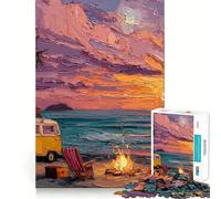 Rompecabezas para Adultos de 1000 Piezas Atardecer en la Playa con Furgoneta y fogata Corte Premium Juguete Divertido para ejercitar la Mente Juego Relajante Decoración de cumpleaños Regalo Ideal