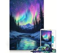 Rompecabezas para Adultos de 1000 Piezas Aurora Que Brilla en el Bosque Invernal Arte de Corte preciso Actividad Mental Juego Divertido para Relajarse Arte navideño para el hogar (38x26cm)