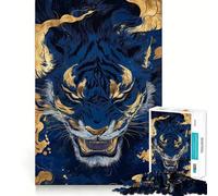 Rompecabezas para Adultos de 1000 Piezas,Azul y Dorado,diseño de Tigre,Corte Impecable Diversión,ejercitamiento Mental,Juego para el Tiempo Libre,decoración navideña 38x52cm