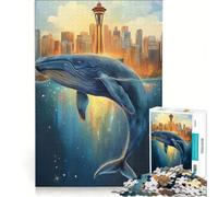 Rompecabezas para Adultos de 1000 Piezas Ballena Saltando en un Paisaje Urbano Juego Educativo para la diversión Familiar Oferta Toda la Familia 38x26cm