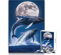 Rompecabezas para Adultos de 1000 Piezas: Ballenas Saltando bajo la luz de la Luna Juego de desafío único Decoración artística para el hogar Regalo para cumpleaños Tamaño 38x52cm