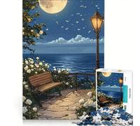 Rompecabezas para Adultos de 1000 Piezas Banco Junto al mar a la luz de la Luna con Rosas Blancas decoración de Pared Actividades Divertidas para el hogar para Fortalecer el Amor en Pareja 50x75cm