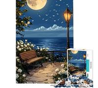 Rompecabezas para Adultos de 1000 Piezas Banco Junto al mar Iluminado por la Luna con Rosas Blancas Ayuda a ejercitar el Cerebro el análisis y la lógica Juego práctico para Mayores de 14 años 38x26cm