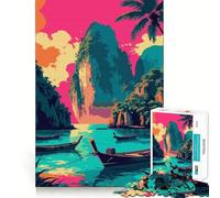 Rompecabezas para adultos de 1000 piezas Barcos en una isla tropical, arte paisajístico, arte de bordes precisos, juguete creativo, juego para pasar un rato agradable, pieza de arte navideña (38x52cm)
