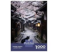 Rompecabezas Para Adultos De 1000 Piezas Black Cat in Japanese Cherry Blossom Alley Rompecabezas Para Adultos Juguete Decoración De Pared Decoración Del Hogar Regalos Para Amigos Y Familiares 52x38cm/