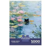 Rompecabezas para Adultos De 1000 Piezas Black Cat in Water Lilies Painting Rompecabezas Antiestrés Juguetes Divertidos Y Humorísticos Actividades Divertidas En Casa, 52x38cm/1000pcs