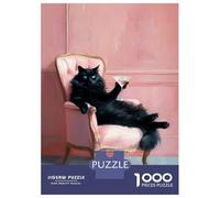Rompecabezas para Adultos De 1000 Piezas Black Cat with Martini in Pink Chair Rompecabezas Antiestrés Juguetes Divertidos Y Humorísticos Actividades Divertidas En Casa, 52x38cm/1000pcs