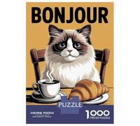 Rompecabezas para Adultos De 1000 Piezas Bonjour Mon Amour Cat with Coffee and Croissant Rompecabezas para Adultos Juego Práctico Difícil Difícil Cumpleaños Y Navidad 38x26cm/1000p