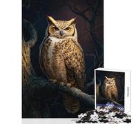 Rompecabezas para Adultos de 1000 Piezas: búho cornudo posado en una Rama Decoración del hogar Juguetes Obras de Arte Regalo Juego Imposible Cada Pieza es única Tamaño: 38x52cm