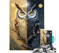 Rompecabezas para Adultos de 1000 Piezas Búho místico de la dualidad día y Noche ilustración fantástica del Equilibrio Entre el Sol y la Luna Ideal para cumpleaños y Navidad Juego práctico de Corte