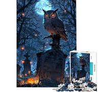 Rompecabezas para Adultos de 1000 Piezas Búho posado sobre una lápida en un Cementerio Diversión en casa Decoración Juego Imposible para Mayores de 14 años 38x52cm