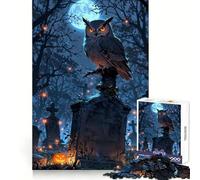 Rompecabezas para Adultos de 1000 Piezas Búho posado sobre una lápida en un Cementerio Ideal para estimular la Memoria, divertirse y Jugar con precisión Un Regalo Encantador (38x52cm)