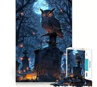 Rompecabezas para Adultos de 1000 Piezas Búho posado sobre una lápida en un Cementerio Ideal para estimular la Memoria, divertirse y Jugar con precisión Un Regalo Encantador (38x52cm)