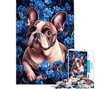 Rompecabezas para Adultos de 1000 Piezas Bulldog francés Entre Flores Azules Juego práctico para Adultos Decoración Perfecta cumpleaños y Navidad (tamaño 50x75cm)
