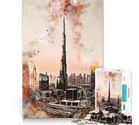 Rompecabezas para Adultos de 1000 Piezas Burj Khalifa en Acuarela,Bordes impecables,Divertido Juego para concentrarse,Juego Tranquilo,decoración navideña,Regalo (38x52cm)