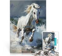 Rompecabezas para Adultos de 1000 Piezas Caballo Blanco Corriendo Entre Las Olas Juego práctico Juego Educativo para cumpleaños y Navidad. 75x50cm