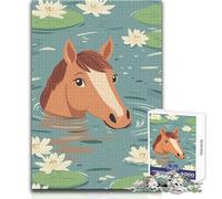 Rompecabezas para Adultos de 1000 Piezas, Caballo Nadando en un Estanque de Lirios, ilustración, Juguete, Juego Intelectual, decoración artística para el hogar, Regalo para cumpleaños, tamaño 38x52cm
