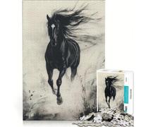 Rompecabezas para Adultos de 1000 Piezas: Caballo Negro al Galope, Pintura a Tinta, Juguetes para armar, Entrena tu Cerebro y Tus Manos, con póster y Hoja de Preguntas a Juego 38x26cm