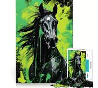 Rompecabezas para Adultos de 1000 Piezas,Caballo Negro con Salpicaduras Verdes,Corte Impecable Divertido,ejercita la Mente,Ideal para el Tiempo Libre y como decoración navideña 38x52cm