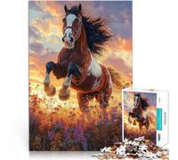 Rompecabezas para Adultos de 1000 Piezas Caballo Saltando al Atardecer en un Campo de Flores Rompecabezas Regalo Divertido 38x26cm