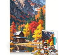 Rompecabezas para Adultos de 1000 Piezas: Cabaña de otoño Junto al Lago Juegos relajantes Dificultad: Difícil Incluye póster y Hoja de Preguntas a Juego 50x75cm