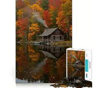 Rompecabezas para Adultos de 1000 Piezas Cabaña de otoño Junto al Lago,Reflejo Impecable,Juguete Divertido para ejercitar la Mente,Escena navideña acogedora y Divertida (50x75cm)