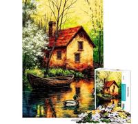 Rompecabezas para Adultos de 1000 Piezas Cabaña Junto al río con Patos Rompecabezas para Adultos Actividades Familiares Entrena tu Cerebro y Tus Manos Hermoso diseño 38x52cm