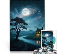 Rompecabezas para Adultos de 1000 Piezas Cabaña Nocturna Junto al río Alivio del estrés Cada Pieza es única: un desafiante y Divertido Juego Familiar 52x38cm