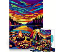 Rompecabezas para Adultos de 1000 Piezas Camping Sunset,WPAP Popart Premium Cut,Fun Logic Fun Toy,Easy Time Play,Christmas Wall Art (38x52cm)