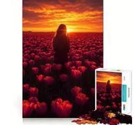 Rompecabezas para Adultos de 1000 Piezas Campo de Tulipanes al Atardecer con una Mujer de Bordes precisos Juguete Creativo para desarrollar la Habilidad Juego para Pasar un rato Agradable Pieza de