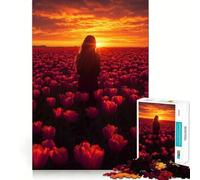 Rompecabezas para Adultos de 1000 Piezas Campo de Tulipanes al Atardecer con una Mujer Juego Divertido para concentrarse en la Mente Juego Casual Regalo Ideal para cumpleaños (38x52cm)