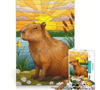 Rompecabezas para Adultos de 1000 Piezas: Capibara Junto al Lago al Atardecer Juegos relajantes, dificultad: Difícil Incluye póster y Hoja de Preguntas a Juego 50x75cm