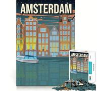 Rompecabezas para Adultos de 1000 Piezas Casas en los Canales de Ámsterdam de Noche Arte de Viaje Arte de Corte preciso Juego para ejercitar la Mente Tiempo de Juego Relajante Arte