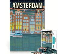 Rompecabezas para Adultos de 1000 Piezas Casas en los Canales de Ámsterdam de Noche,Arte de Viajes de articulaciones afiladas,desafío Mental,Juguete,Momento de diversión Tranquila,Arte navideño