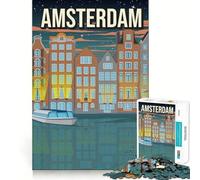 Rompecabezas para Adultos de 1000 Piezas Casas en los Canales de Ámsterdam de Noche,Arte de Viajes de articulaciones afiladas,desafío Mental,Juguete,Momento de diversión Tranquila,Arte navideño