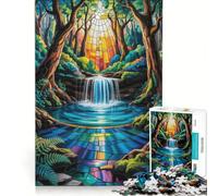 Rompecabezas para Adultos de 1000 Piezas Cascada de vidrieras un Camino Luminoso a través del Bosque Encantado Juegos relajantes dificultad Difícil-Difícil Incluye póster y Hoja de Preguntas a Juego