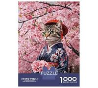 Rompecabezas para Adultos De 1000 Piezas Cat in Kimono with Cherry Blossoms Rompecabezas para Adultos Juegos Relajantes Decoración Cumpleaños 52x38cm/1000pcs