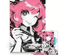 Rompecabezas para Adultos de 1000 Piezas: Chica Anime Comiendo Ramen, Tinta Negra Juegos Familiares, interacción Entre Padres e Hijos, Lista de Deseos con Papá Noel 50x75cm