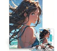 Rompecabezas para Adultos de 1000 Piezas: Chica Anime con Vista al océano, Juegos Familiares, Ideal para Reducir el estrés, colección de Artistas, Bellas Artes 38x52cm