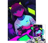 Rompecabezas para Adultos de 1000 Piezas Chica Anime neón Gamer con Gato Juego práctico desafío de Inteligencia Cerebral Juguetes adictivos Regalos de cumpleaños para Mujeres tamaño 38x52cm