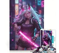 Rompecabezas para Adultos de 1000 Piezas: Chica Demonio Cyberpunk con Katana neón, decoración de Pared, decoración Perfecta, cumpleaños 50x75cm