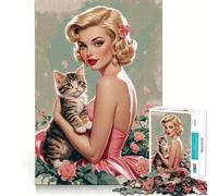 Rompecabezas para Adultos de 1000 Piezas Chica Rubia Pin-up con Gatito Adorable Juego de Bordes limpios,Juguete de construcción Que fomenta la concentración,diversión para Jugar despacio,Regalo