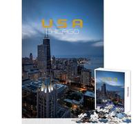 Rompecabezas para Adultos de 1000 Piezas: Chicago Skyline al anochecer decoración del hogar Juguetes Regalos para Mujeres y Hombres Juego práctico para cumpleaños y Navidad tamaño 50x75cm